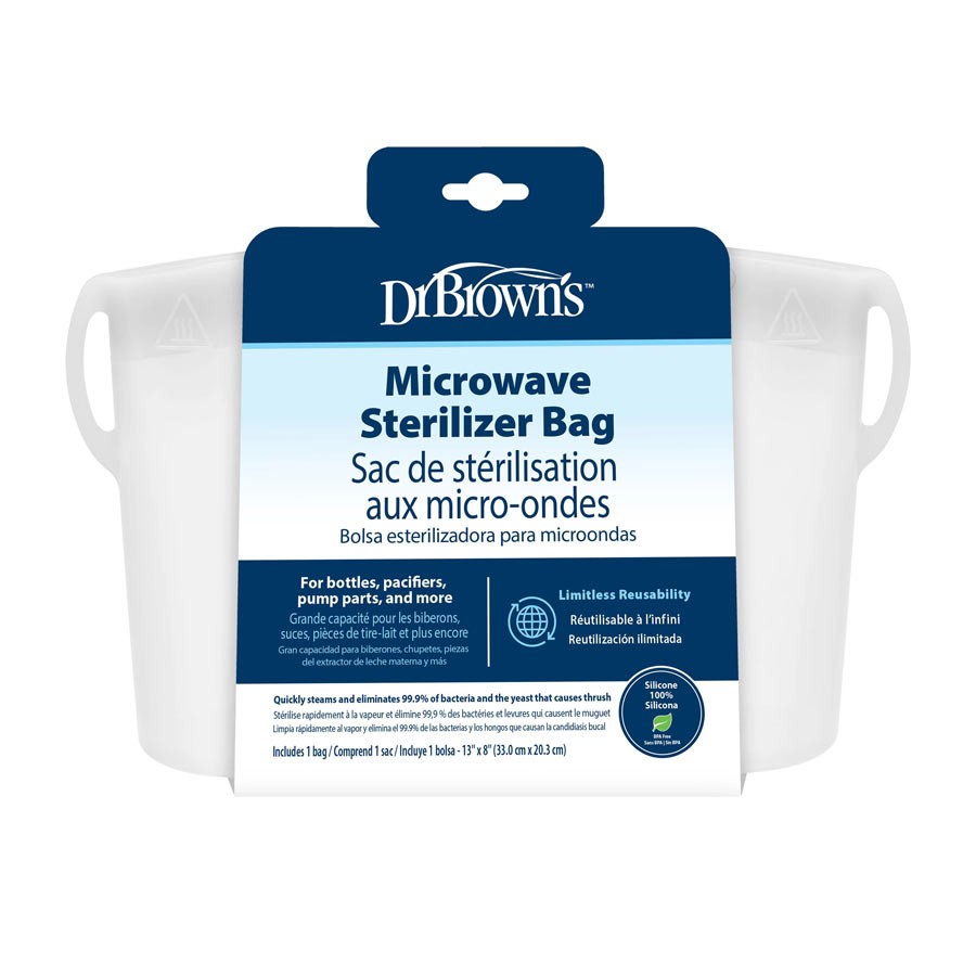 The image displays the packaging of Dr. Brown’s™ Microwave Sterilizer Bag, with text in various languages explaining its application for steam heat sterilization of bottles, pacifiers, and pump parts. The design highlights its convenience and reusability comparable to reusable silicone products.