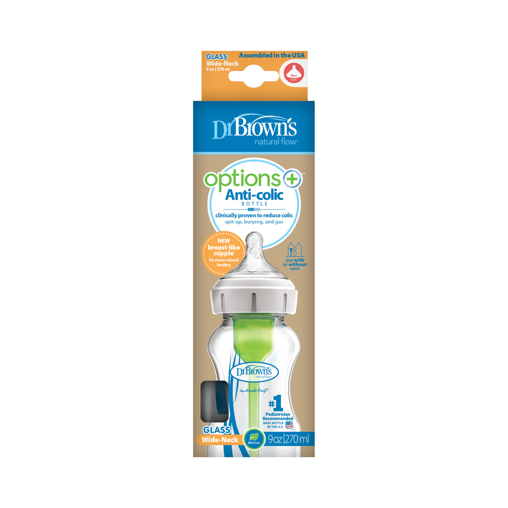 Image of a Dr. Brown’s Natural Flow® Anti-Colic Options+™ Wide-Neck Glass Baby Bottle in packaging. This bottle, featuring a green vent system and a Level 1 Slow Flow Nipple, holds 9 oz/270 ml and is clinically proven to reduce colic.