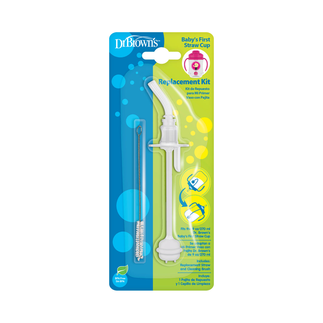 The packaging for Dr. Brown's Baby’s First Straw Cup Replacement Kit includes a straw, valve, and cleaning brush. It highlights easy assembly and cleaning on a blue-green bubble design background, enhancing the presentation of this convenient replacement kit.