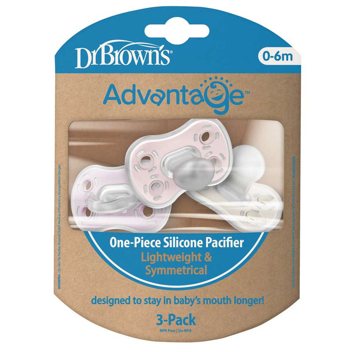 The packaging features Dr. Brown's® Advantage™ One-Piece Silicone Pacifier – 3-Pack, emphasizing their symmetrical shape and lightweight, one-piece design. They are gentle on baby's skin, BPA-free, and suitable for ages 0-6 months, with two pacifiers visible through a clear window.