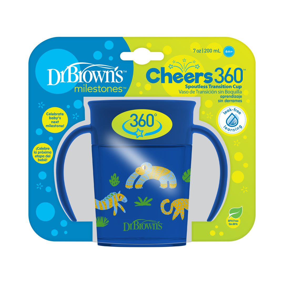 Introducing Dr. Brown's Milestones™ Cheers360™ Cup in a vibrant blue, designed with two handles and adorned with playful animal illustrations. This innovative 360-degree sippy cup is perfect for infants aged 6 months and older, providing a leak-free drinking experience with a capacity of 7 oz or 200 ml.