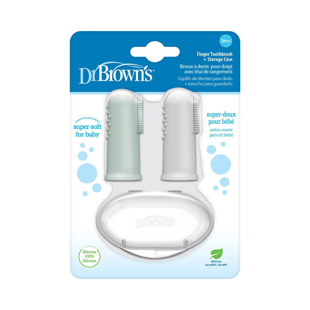 The packaging for Dr. Brown’s™ Silicone Finger Toothbrush, 2-Pack with Case by Dr. Brown's includes a pair of silicone finger toothbrushes in green and white, each with gentle silicone bristles, along with a transparent storage case. Ideal for encouraging oral hygiene in babies 3 months and older.