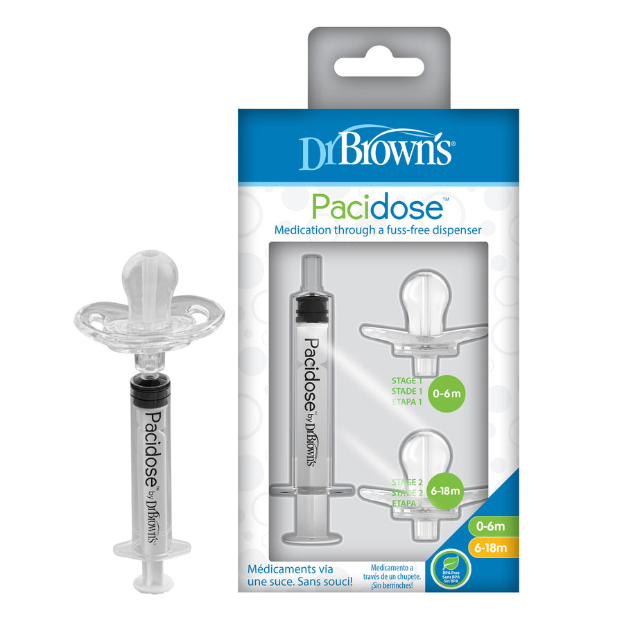 The image highlights the Dr. Brown's PaciDose Liquid Medicine Pacifier with Syringe package, a versatile medicine dispenser designed for infants aged 0-6 months and 6-18 months. It comes with a syringe attached to a pacifier, all elegantly presented in white and blue with green accents.