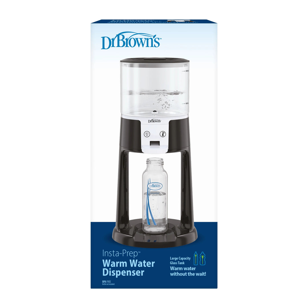 The Dr. Brown’s™ Insta-Prep Warm Water Dispenser by Dr. Brown's is displayed with a baby bottle set for filling, emphasizing its spacious glass tank and effective warm water dispensing—ideal for baby feeding requirements.