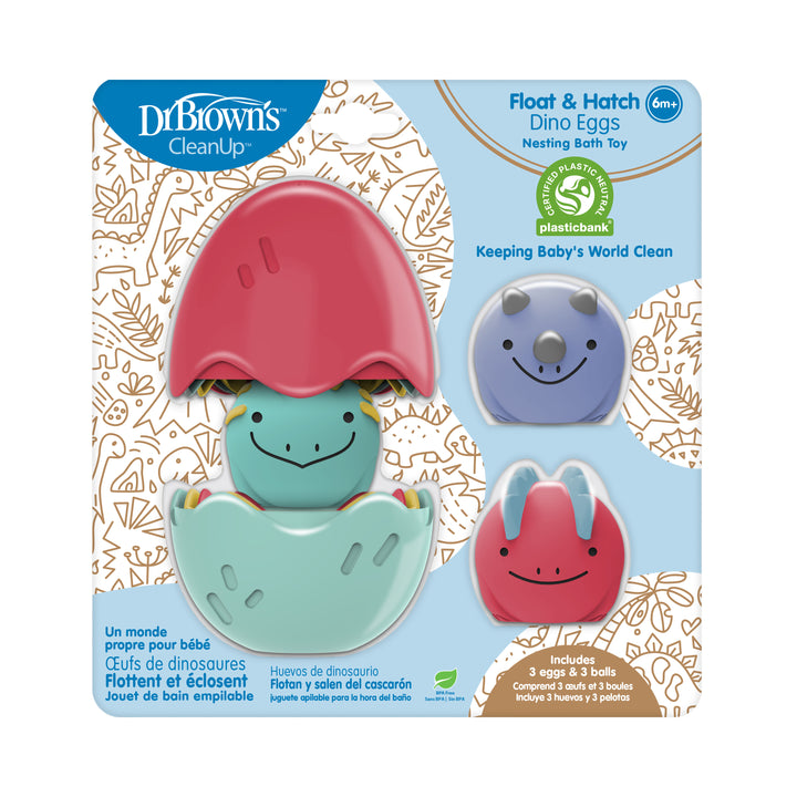 The packaging of Dr. Brown's™ CleanUp™ Float & Hatch Dino Eggs, a baby bath toy designed for little explorers aged 6 months and older, features three vibrant nesting dino companions in shades of red, blue, and gray. With cheerful expressions and an inspiring message about environmental cleanliness, these toys provide visual stimulation during bath time.