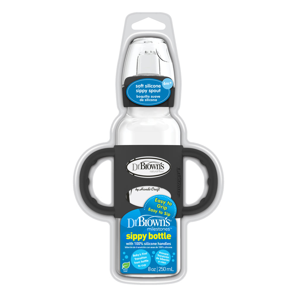 The Dr. Brown’s® Milestones™ Narrow Sippy Spout Bottle with Silicone Handles is designed with a smooth spout and 100% silicone handles, offering an easy-to-grip design perfect for transitioning from a bottle nipple. This bottle, by Dr. Brown's, holds 250 ml (8 oz) as stated on the packaging.