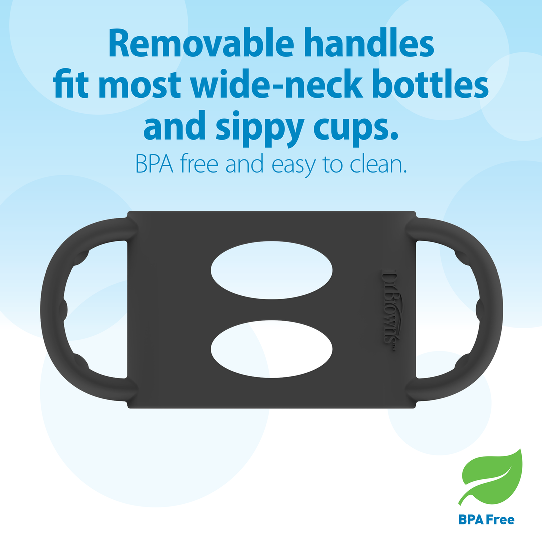 The image features Dr. Brown’s® Milestones™ Wide-Neck Silicone Handles, crafted by Dr. Brown's, designed for wide-neck bottles and sippy cups. The text emphasizes that they are BPA free and easy to clean, encouraging independent drinking. Displayed in black against a blue background with a leaf icon indicating "BPA Free," the handles showcase their grippy silicone design.