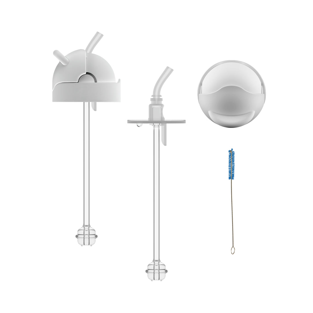 Image of Dr. Brown's® Sippy Straw Bottle Conversion Kit – Wide-Neck, which includes two stainless steel straws with sphere-shaped ends, designed to convert Dr. Brown's bottles. The kit features a white round silicone lid with a straw slot and comes with a blue cleaning brush for thorough maintenance, making it ideal for use in cups or glasses.