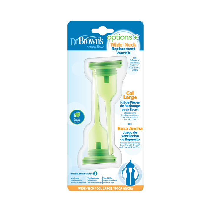 The packaging for the Dr. Brown’s Natural Flow® Options+™ Wide-Neck Baby Bottle Replacement Vent Kit, 9oz, 2-Pack features replacement vent parts that are visible through clear packaging. The label is presented in English, French, and Spanish with green accents and illustrations of the product.