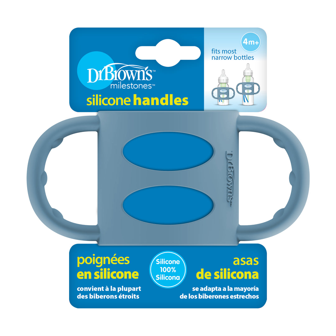 Dr. Brown’s® Milestones™ Narrow Silicone Handles, featuring ergonomic grips, are ideal for helping babies develop independent drinking skills. These blue handles are designed specifically for narrow-neck bottles and are suitable for children aged 4 months and older. The packaging is available in English, French, and Spanish to ensure compatibility with most narrow bottles, including those from Dr. Brown's brand.
