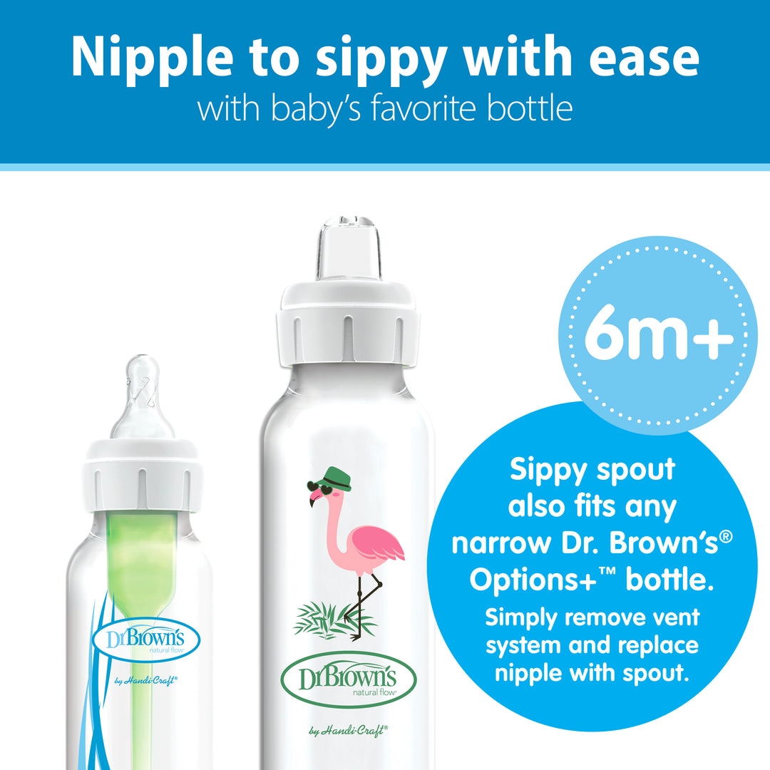 The image displays two Dr. Brown's® Milestones™ narrow sippy bottles, each with unique features: one has a standard nipple while the other showcases a flamingo design on its silicone sippy spout. The text emphasizes how these bottles facilitate an easy transition from bottle to cup for babies aged 6 months and older.