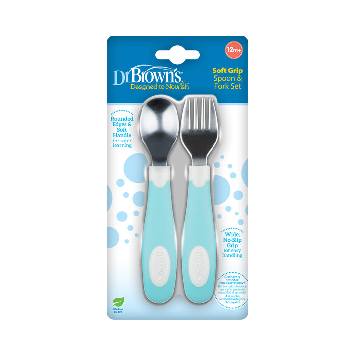 The Dr. Brown’s™ Designed to Nourish™ Soft-Grip Spoon and Fork set is ideal for toddlers aged 12 months and up, offering child-friendly silverware with blue and white handles. With rounded edges and a no-slip grip, this spoon and fork set ensures safe handling for little ones learning to eat by themselves.