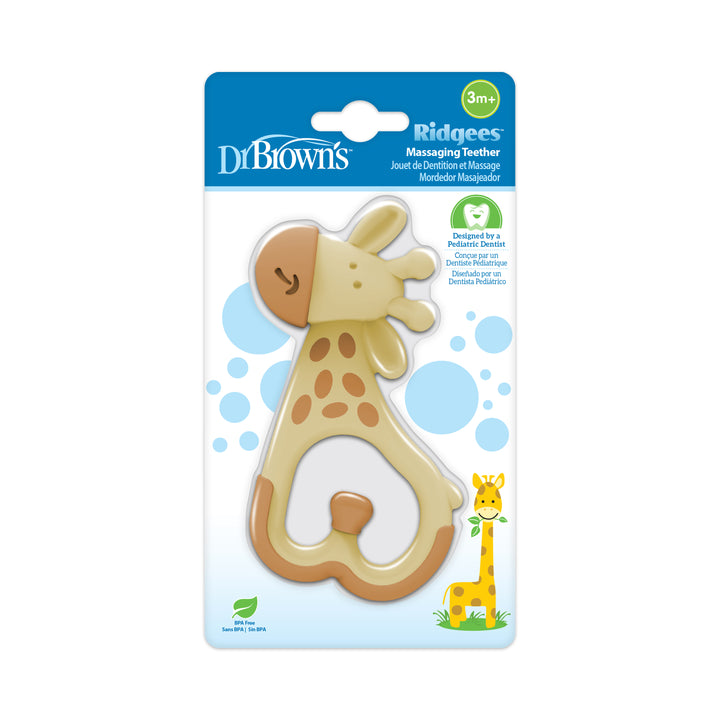 Dr. Brown’s™ Ridgees™ Giraffe Teether provides a soothing gum massage for infants aged 3 months and older. Featuring a cheerful yellow and brown design, this BPA-free teether from Dr. Brown's alleviates teething pain, making it an essential item for your little one.