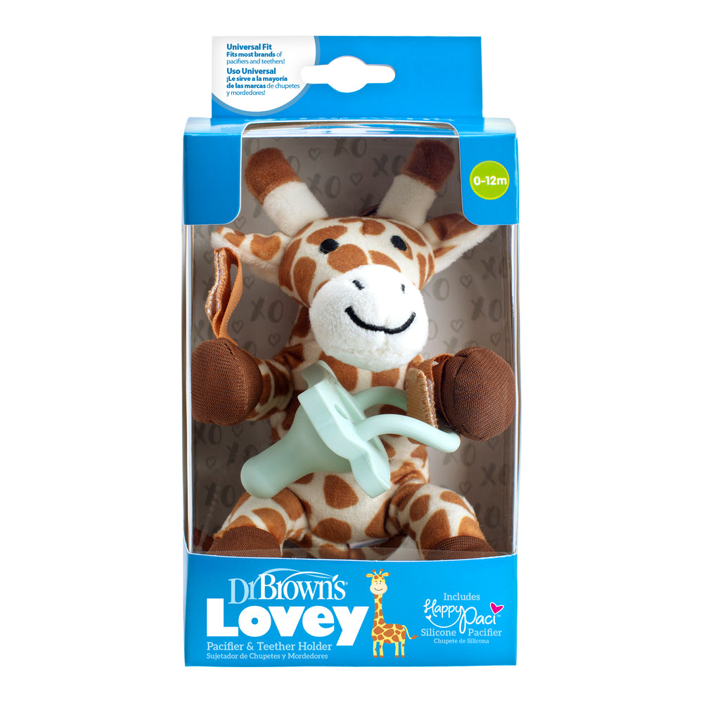 The packaging of Dr. Brown’s® Lovey Pacifier and Teether Holder, Giraffe, from Dr. Brown's includes a plush giraffe and a green silicone pacifier. This product is suitable for ages 0-12 months.