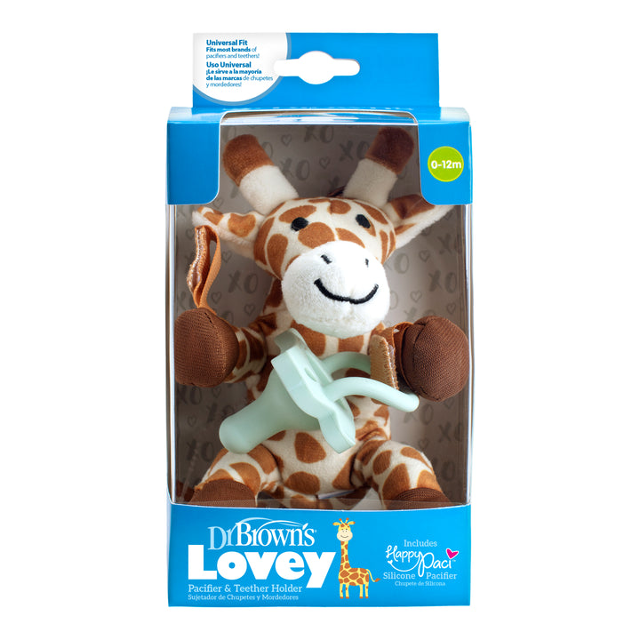 The packaging of Dr. Brown’s® Lovey Pacifier and Teether Holder, Giraffe, from Dr. Brown's includes a plush giraffe and a green silicone pacifier. This product is suitable for ages 0-12 months.