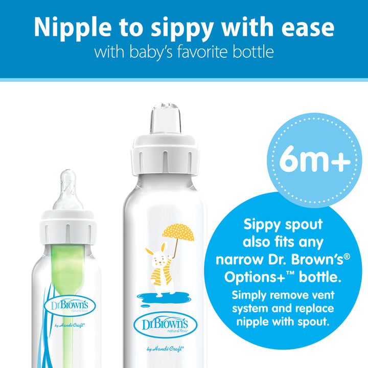 The Dr. Brown's® Milestones™ Narrow Sippy Bottle, 8oz/250mL for babies 6 months and older, seamlessly transitions from a nipple to a Soft Silicone Sippy Spout. One of the two bottles features a playful giraffe with an umbrella, making the move from bottle to cup both engaging and functional.