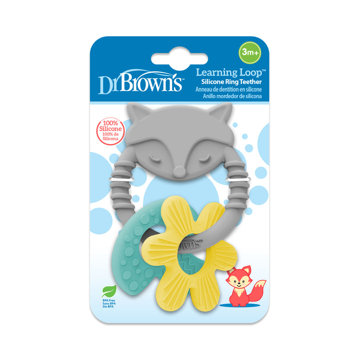 The packaging of Dr. Brown’s® Learning Loop Silicone Ring Teether, Fox by Dr. Brown's is ideal for children aged 3 months and older. This silicone teether, designed in the shape of a gray fox and embellished with yellow and green flower accents, not only helps soothe sore gums but also supports baby development. Crafted entirely from 100% silicone.