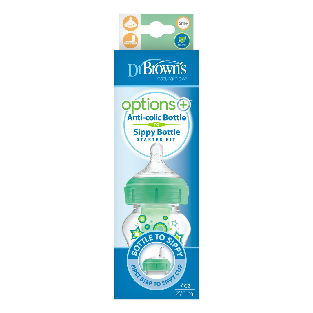 The Dr. Brown’s Natural Flow® Anti-Colic Options+™ Wide-Neck Sippy Bottle Starter Kit, 9oz/270mL, comes in a primarily white and turquoise packaging accented with green. It includes a clear sippy bottle featuring a green top and bears the message "Bottle to Sippy, First Step to Sippy Cup," intended for children aged 6 months and older.