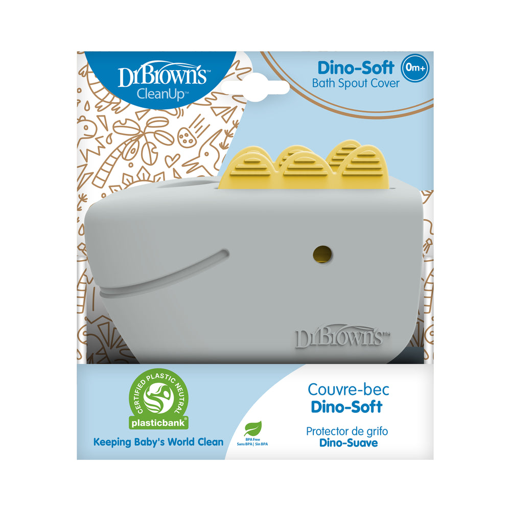 Introducing the Dr. Brown’s™ CleanUp™ Dino-Soft Baby Bath Spout Cover, an adjustable faucet cover designed to resemble a gray dinosaur with yellow spikes. This product ensures safe bath times for infants aged 0 months and above. It's eco-friendly and holds a plastic bank certification, contributing to environmental cleanliness.