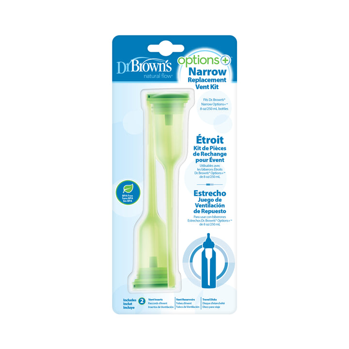 The packaging of Dr. Brown's Natural Flow® Options+™ Narrow Baby Bottle Replacement Vent Kit, designed for 8oz bottles and containing two green bottle components, includes text in English, French, and Spanish.