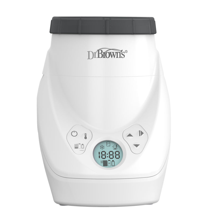 A Dr. Brown's Natural Flow MilkSPA Breast Milk & Bottle Warmer with a digital display showing 18:08. It includes buttons for settings and adjustments, ensuring even and consistent warming to preserve nutrients. The brand name, Dr. Brown's, is printed on the upper part.