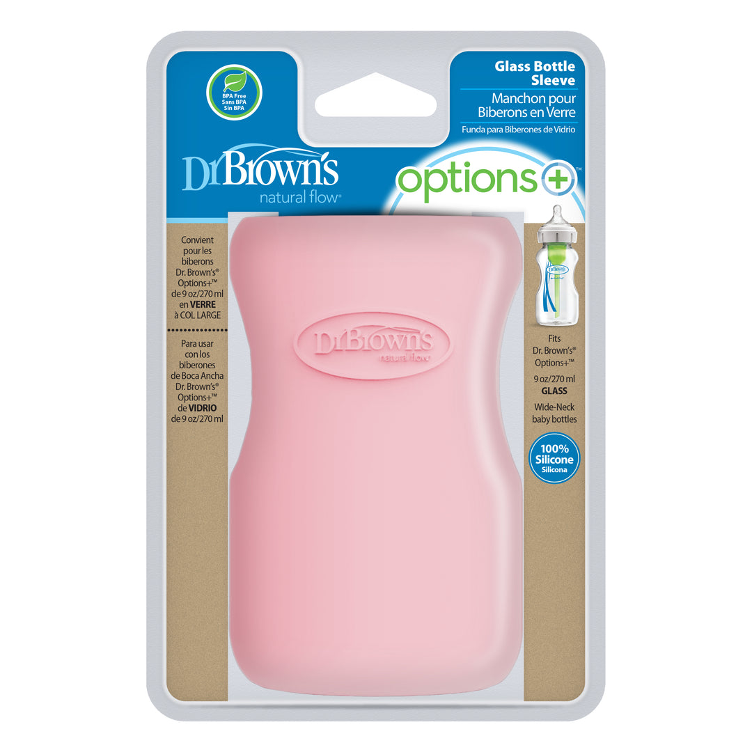 Dr. Brown's Natural Flow® Options+™ Wide-Neck Glass Bottle Silicone Sleeves are designed for use with glass baby bottles and feature a central sleeve made from 100% silicone. Product details are available in both English and French.