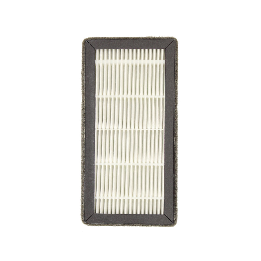 An air filter designed as a replacement for the Dr. Brown's Bottle Sterilizer and Dryer, featuring a rectangular, white pleated paper element comparable to a HEPA-type filter, encased by a dark gray border, set against a white background.