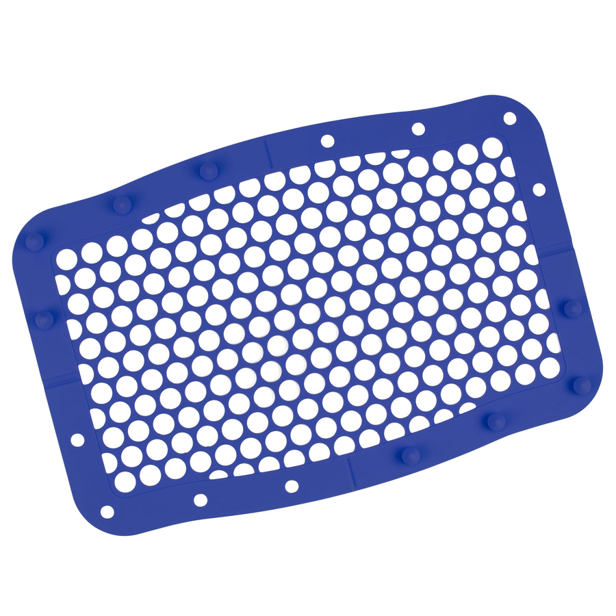 A blue rectangular plastic pegboard with rounded corners and a grid of evenly spaced circular holes has reinforced edges, akin to Dr. Brown’s 100% Silicone Baby Bottle Dishwasher Bag. It also features several protrusions along the perimeter, ideal for organizing breast pump accessories.