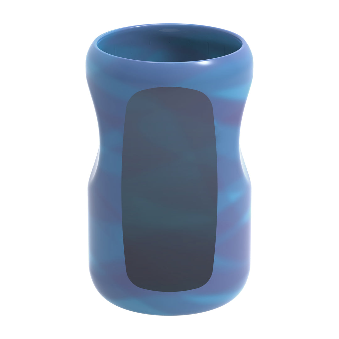 A tall, cylindrical blue tumbler with a wavy pattern and a matte finish mirrors the elegance of Dr. Brown's Natural Flow® Options+™ Wide-Neck Glass Bottle Silicone Sleeves. Its shape, with a slight curve in the middle, stands upright on a white background, reflecting the robust design of glass baby bottles.