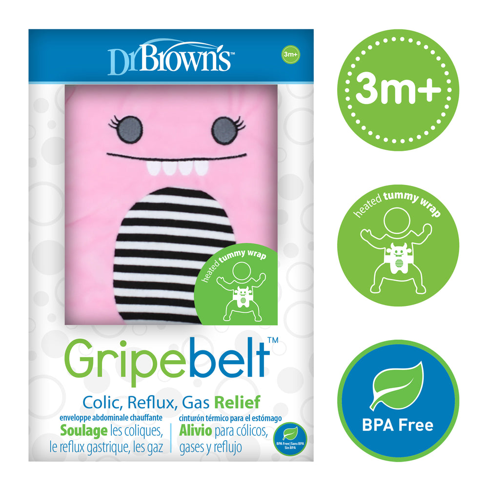 The packaging for Dr. Brown’s™ Gripebelt™ Colic Swaddling Belt features a pink fabric adorned with a cheerful cartoon face design. The side text emphasizes "3m+," "Heated tummy wrap," and "BPA Free," highlighting its effectiveness in providing relief from baby colic, reflux, and natural gas.