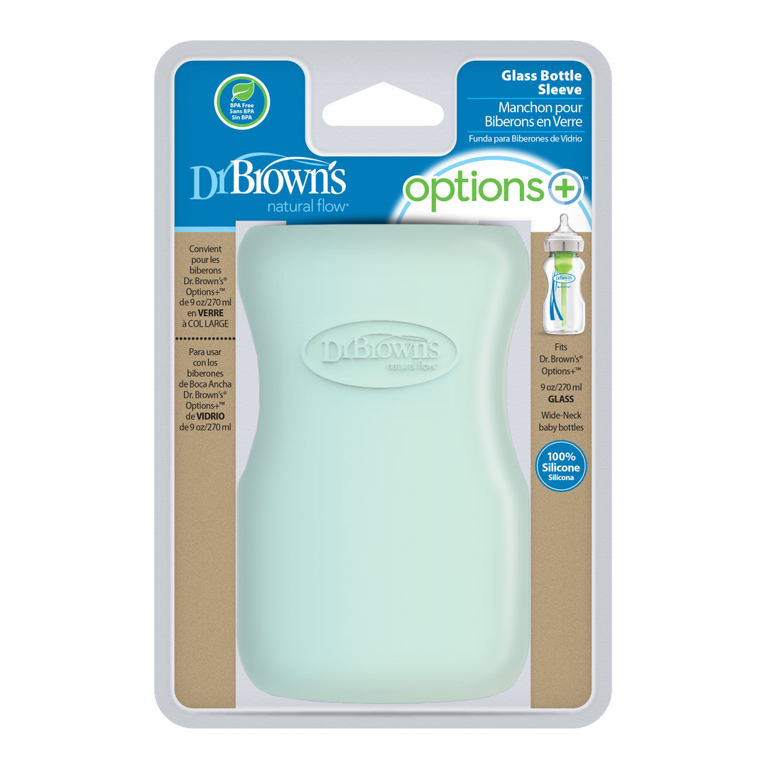 The packaging for Dr. Brown's Natural Flow® Options+™ Wide-Neck Glass Bottle Silicone Sleeves highlights protective sleeves for baby bottles, along with product details and an image of a baby bottle adorned with the sleeve. Specifically designed for Dr. Brown’s 9 oz/270 ml glass bottles, it combines safety and style into one sleek package.