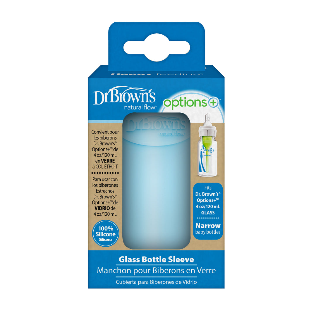 The packaging for Dr. Brown’s Natural Flow® Options+™ Narrow Glass Bottle Silicone Sleeves features a blue silicone sleeve specifically designed for narrow 4 oz/120 ml baby bottles. The box includes text in both English and French, indicating its compatibility with Dr. Brown's glass bottles and emphasizing that it is made from 100% silicone.