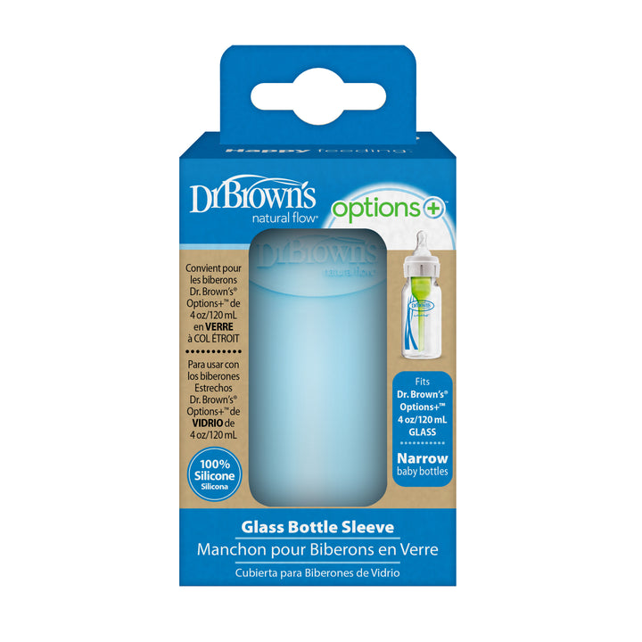 The packaging for Dr. Brown’s Natural Flow® Options+™ Narrow Glass Bottle Silicone Sleeves features a blue silicone sleeve specifically designed for narrow 4 oz/120 ml baby bottles. The box includes text in both English and French, indicating its compatibility with Dr. Brown's glass bottles and emphasizing that it is made from 100% silicone.