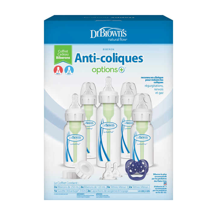 An image showcasing the Dr. Brown’s Natural Flow® Anti-Colic Options+™ Narrow Baby Bottle Gift Set features packaging that includes four anti-colic baby bottles with green internal vent systems, two blue Advantage™ pacifiers, silicone nipples, and additional components. The text appears in both French and English.