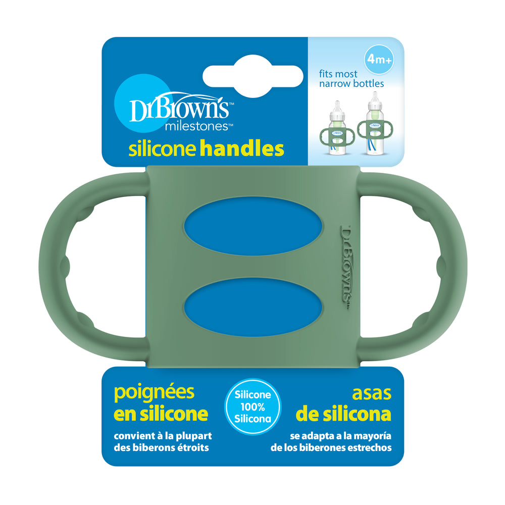 Dr. Brown’s® Milestones™ Narrow Silicone Handles make transitioning from bottle to cup easy with their blue and green handles featuring two large grips, designed for babies aged 4 months and up. The package accommodates most narrow bottles and includes text in English, French, and Spanish.