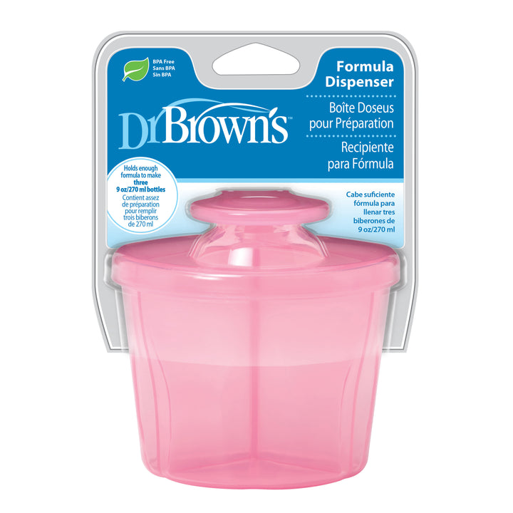 A pink Dr. Brown's® Baby Formula Dispenser, featuring compartments and a lid, is packaged on a blue and white card. It holds enough formula to prepare three 9 oz/270 ml bottles, with packaging text available in English, French, and Spanish. It is also BPA-free.