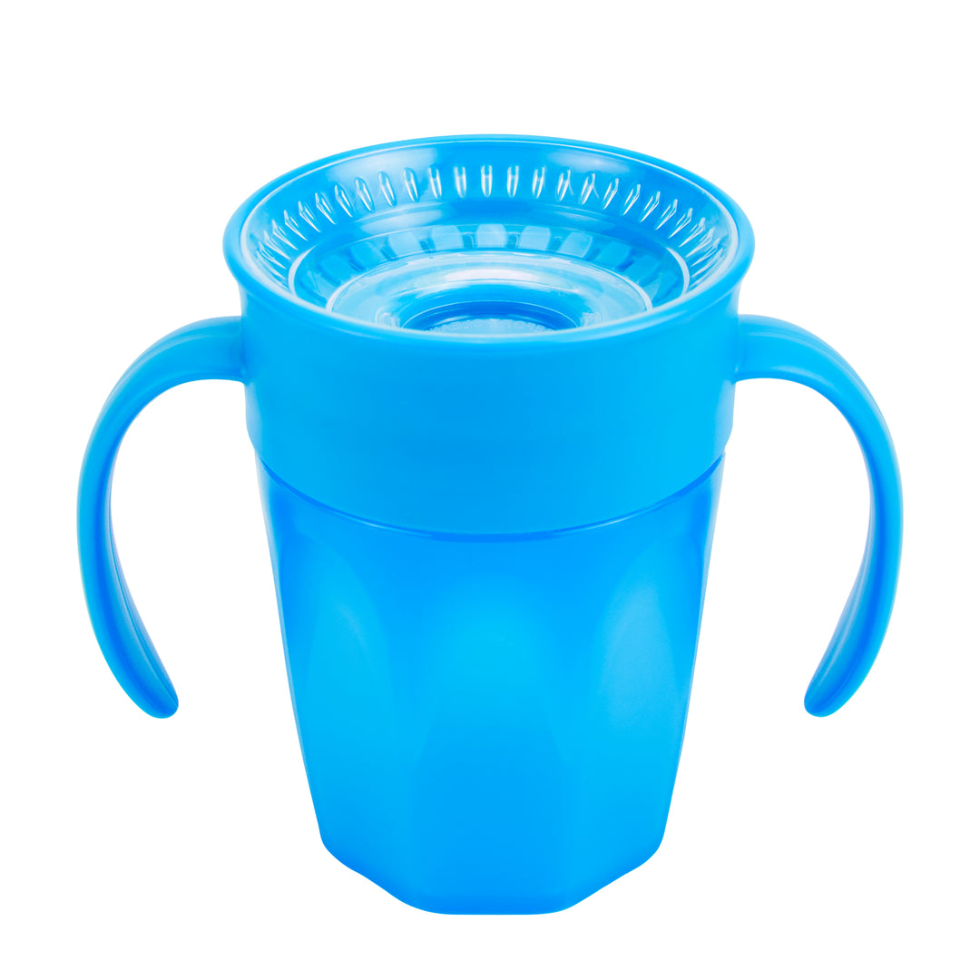 A blue Dr. Brown’s® Milestones™ Cheers360™ Cup with Handles, featuring a 7 oz/200 mL capacity and a spill-proof lid, is displayed against a white background, showcasing its innovative design and spoutless functionality for toddlers.