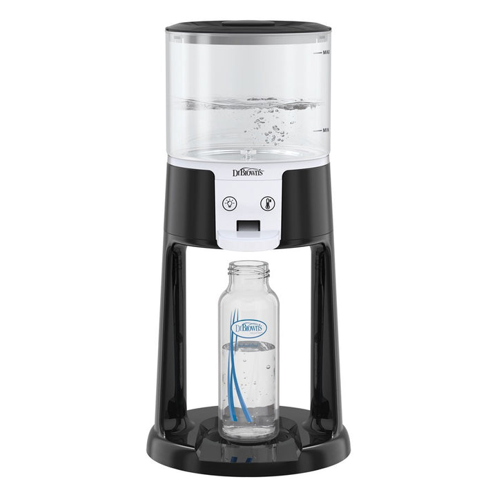 Introducing Dr. Brown's Insta-Prep Warm Water Dispenser, a stylish black appliance with a transparent top reservoir, ideal for efficient baby feeding. This dispenser features an innovative design that allows you to fill bottles at the bottom effortlessly, while the central control panel with operation buttons ensures ease of use.