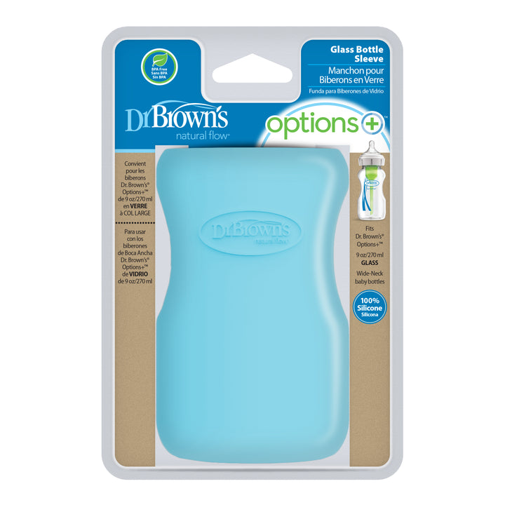 The packaging highlights Dr. Brown's Natural Flow® Options+™ Wide-Neck Glass Bottle Silicone Sleeves in blue, which are crafted for 5oz/150ml glass baby bottles. Composed of 100% silicone, the sleeve offers both protection and grip while ensuring clear visibility of text and product images.