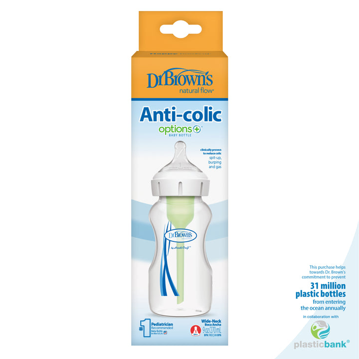 The packaging of Dr. Brown’s Natural Flow® Anti-Colic Options+™ Wide-Neck Baby Bottle, featuring a clear bottle with a green venting system and Level 1 Slow Flow Nipple, highlights efforts by Dr. Brown's to prevent 31 million plastic bottles from entering the ocean annually in collaboration with Plastic Bank.