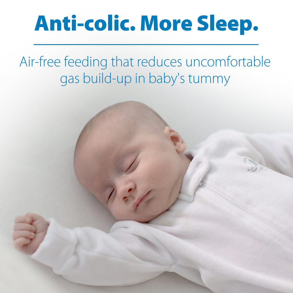 A peaceful sleeping baby in a white onesie rests on a soft surface. The image features text: "Dr. Brown's Natural Flow® Anti-Colic Options+™ Narrow Baby Bottle, with Level 1 Slow Flow Nipple. More Sleep. Designed to reduce uncomfortable gas build-up in baby's tummy.