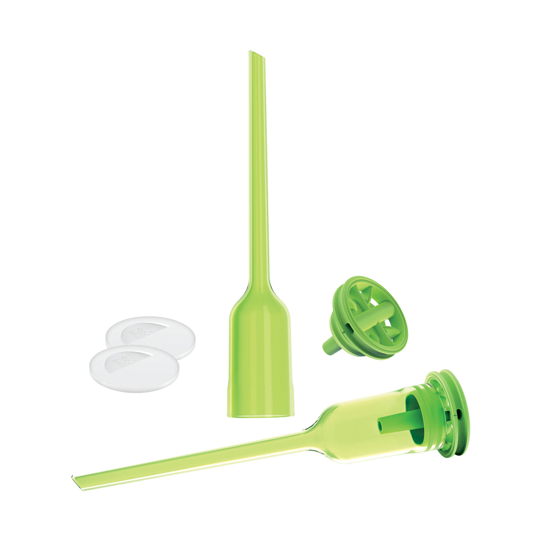 On a white background, a collection of green oral care accessories, reminiscent of Dr. Brown’s Natural Flow® Options+™ Narrow Baby Bottle Replacement Vent Kit, is displayed. The set features a long nozzle, a nozzle with a screw-on lid, two round flat filters, and a small circular piece with grid-like openings.