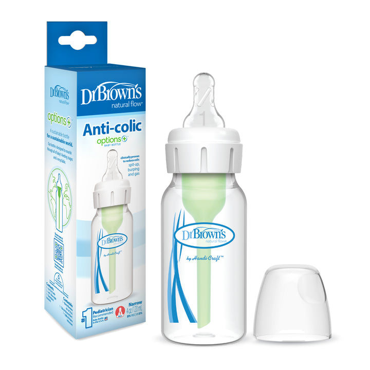 The Dr. Brown’s Natural Flow® Anti-Colic Options+™ Narrow Baby Bottle, equipped with a Level 1 Slow Flow Nipple, is placed next to its packaging. The box highlights how this bottle diminishes colic, spit-up, and gas for a more comfortable feeding experience.