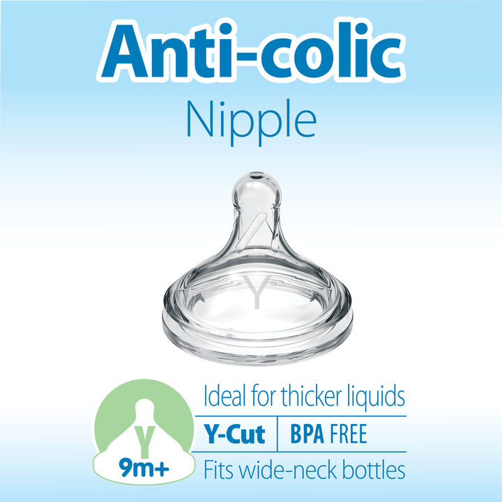 Introducing Dr. Brown’s Natural Flow® Wide-Neck Baby Bottle Silicone Nipple—an image of this BPA-free, anti-colic nipple shows it's designed for thicker liquids with a Y-cut. It's perfect for wide-neck bottles and is ideally suited for babies aged 9 months and up, courtesy of Dr. Brown's brand quality.