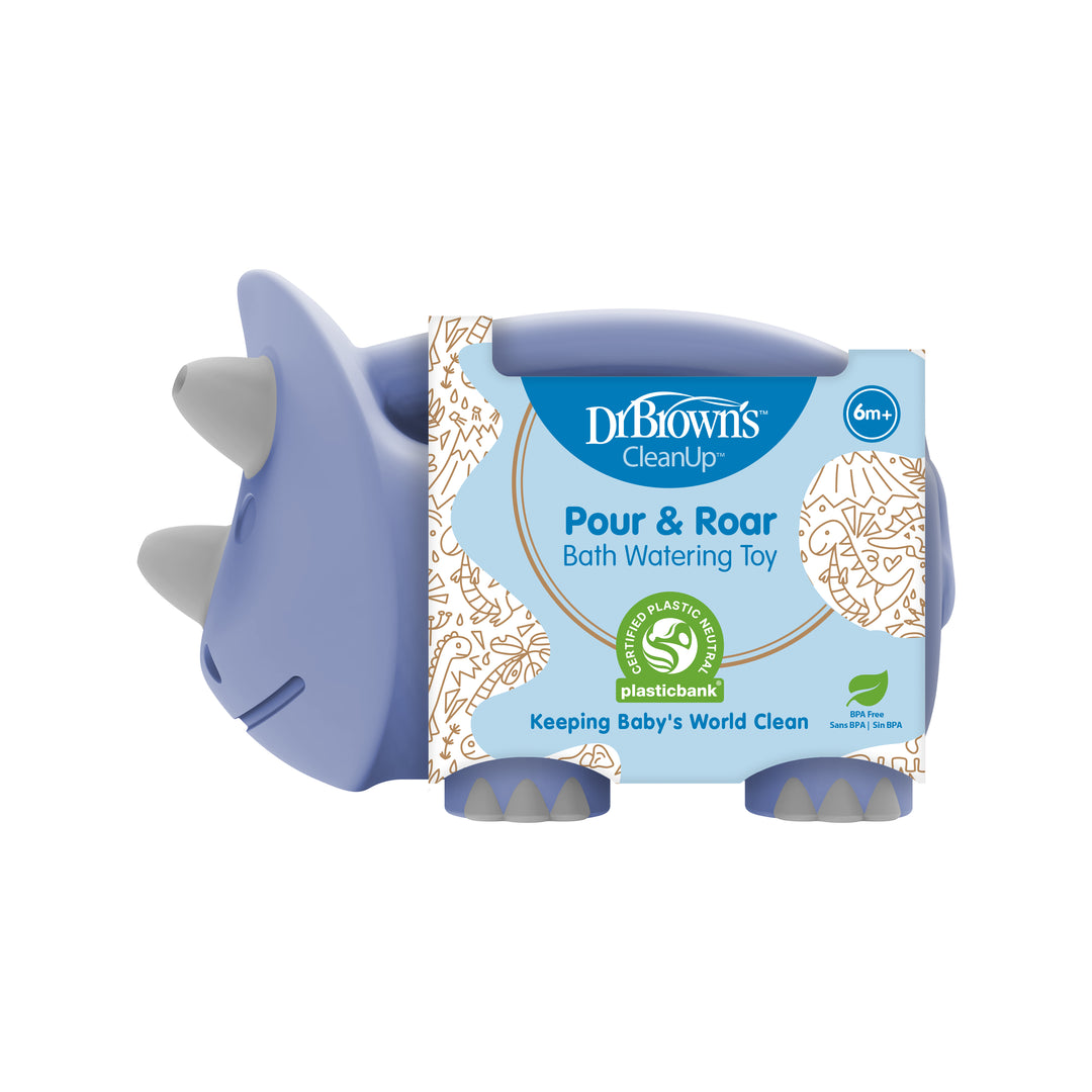 Introducing the Dr. Brown’s™ CleanUp™ Pour & Roar Watering Can Bath Toy: a blue dinosaur-shaped bath toy designed to provide Bath Time Fun for children aged 6 months and up. This toy, crafted from 95% recycled plastic, enhances motor skills development and is labeled under the renowned brand, Dr. Brown's.