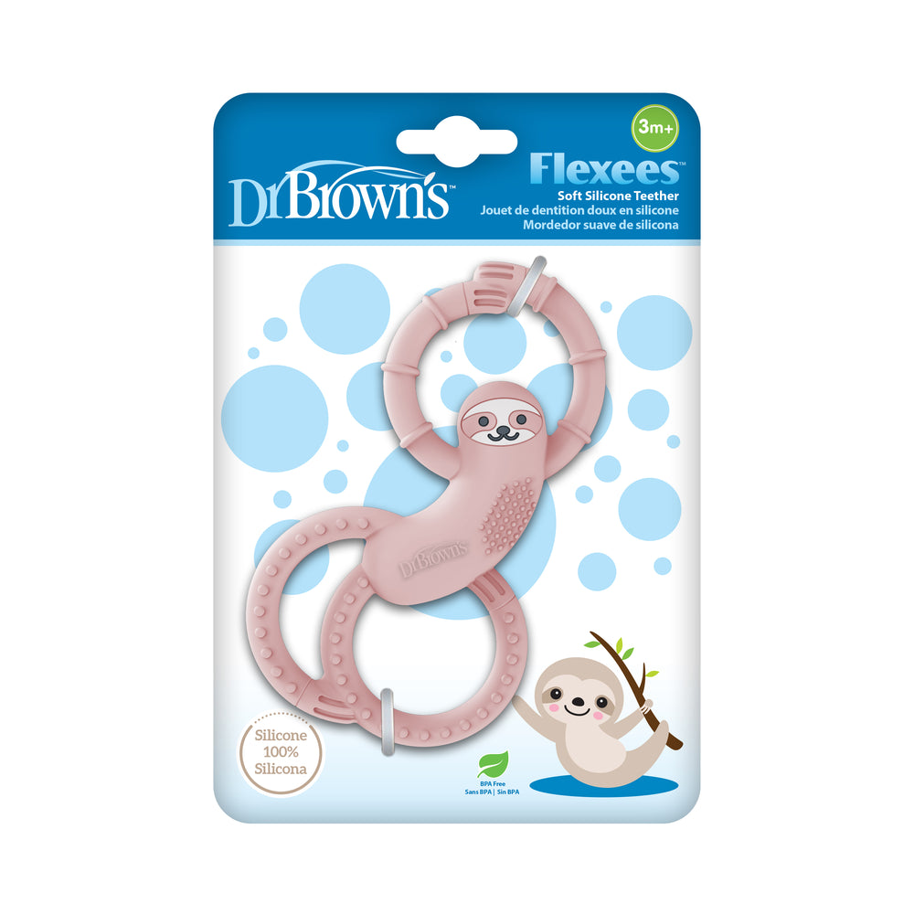 The Dr. Brown’s™ Flexees™ Sloth Teether is ideal for babies aged 3 months and older. This soft silicone teething aid is designed in the shape of a sloth and features textured rings, complete with a delightful sloth illustration on the packaging, providing enjoyable relief for your little one.