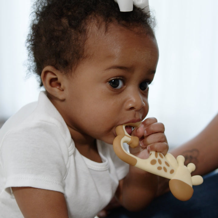 Baby chewing on ridgees giraffe teether