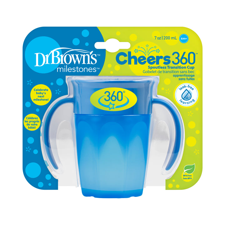 The Dr. Brown’s® Milestones™ Cheers360™ Cup with Handles, available in blue, is ideal for babies transitioning to independent drinking. It boasts dual handles and a 7 oz/200 mL capacity. The packaging, featuring yellow and blue text, emphasizes its spill-proof and easy-to-clean design, making it suitable for ages 6 months and older.