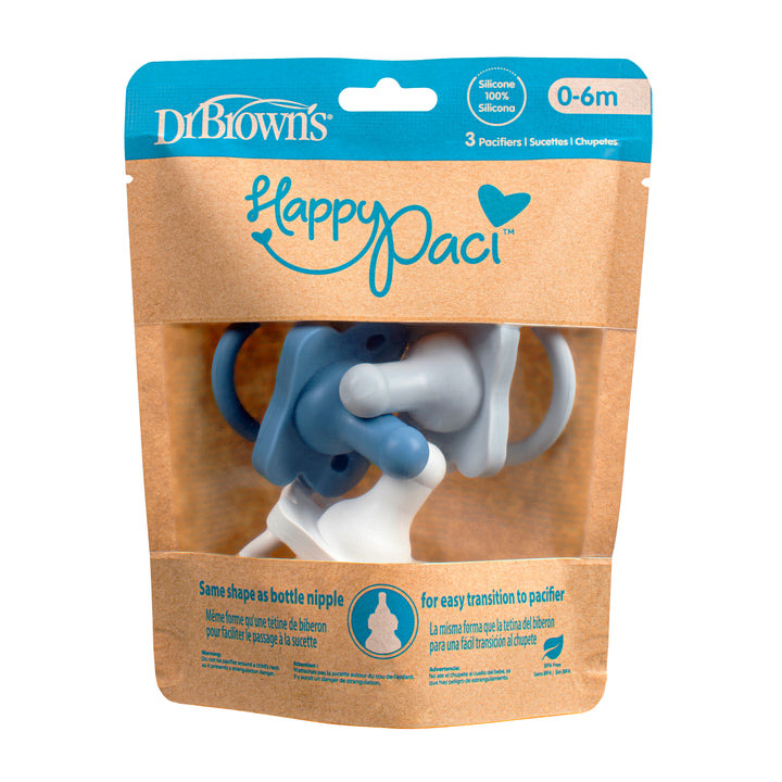 The Dr. Brown’s® HappyPaci™ 100% Silicone One-Piece Pacifier packaging includes two pacifiers, ideal for infants aged 0-6 months. This ergonomic design ensures a smooth transition from Dr. Brown's bottle nipple to pacifier, offering comfort and familiarity for your baby.