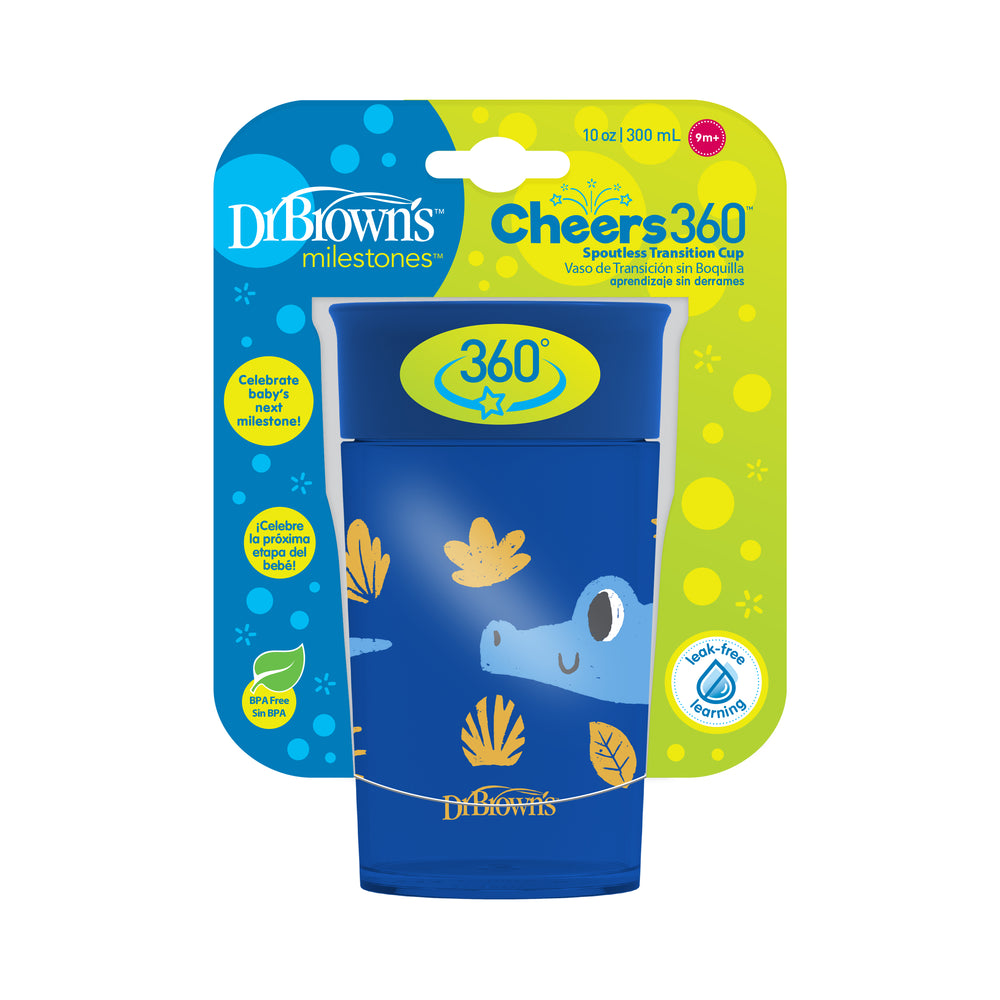 Dr. Brown’s® Milestones™ Cheers360™ Cup 10 oz/300 mL features a playful blue crocodile and leaf design, perfect for toddlers transitioning from bottles. This spill-proof, BPA-free cup offers a leak-free, 360-degree sipping experience with an ergonomic grip designed for little hands.